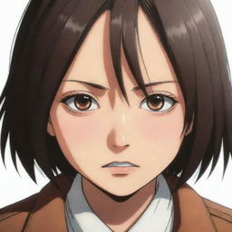 Illustration of a young Mikasa Ackerman from Attack on Titan, with her eyes narrowed in focus, swiftly pressing a button with a determined expression.