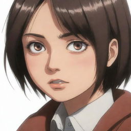 Illustration of a young Mikasa Ackerman from Attack on Titan, with her eyes narrowed in focus, swiftly pressing a button with a determined expression.