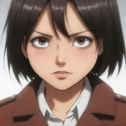 Illustration of a young Mikasa Ackerman from Attack on Titan, with her eyes narrowed in focus, swiftly pressing a button with a determined expression.