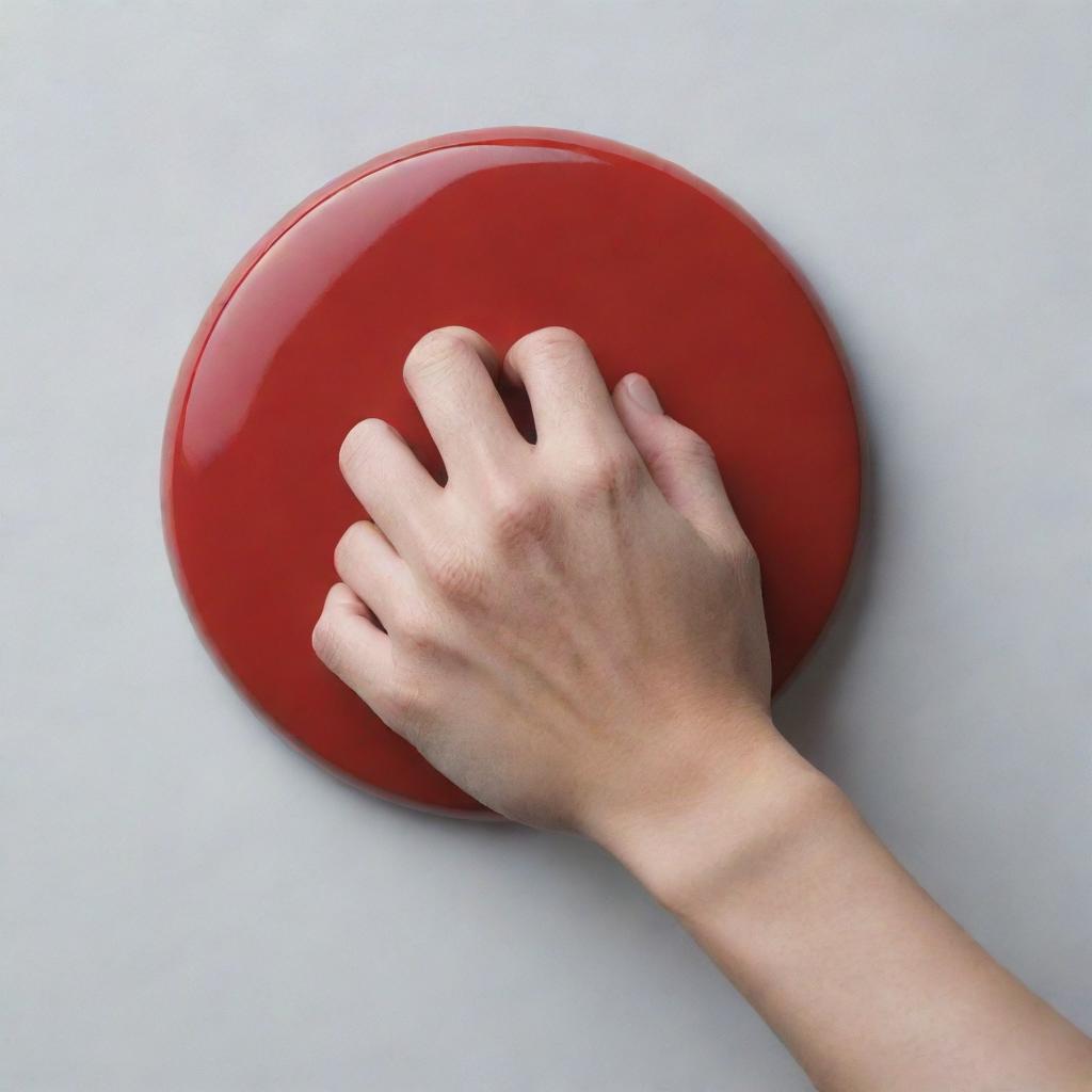 Close-up image of a human hand firmly pressing a large, shiny, red button against a minimalist background.