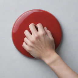 Close-up image of a human hand firmly pressing a large, shiny, red button against a minimalist background.