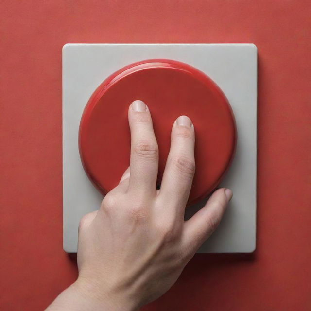 Close-up image of a human hand firmly pressing a large, shiny, red button against a minimalist background.