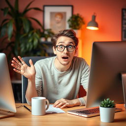 A person sitting at a desk with a computer and a coffee mug, showing an expression of surprise and discovery, surrounded by indoor plants and warm lighting, depicting a casual and inspiring workspace