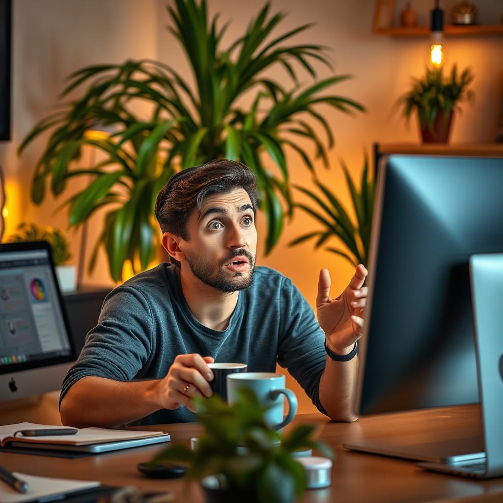 A person sitting at a desk with a computer and a coffee mug, showing an expression of surprise and discovery, surrounded by indoor plants and warm lighting, depicting a casual and inspiring workspace