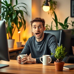 A person sitting at a desk with a computer and a coffee mug, showing an expression of surprise and discovery, surrounded by indoor plants and warm lighting, depicting a casual and inspiring workspace