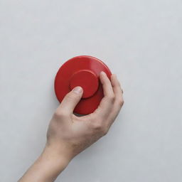 Close-up image of a human hand firmly pressing a large, shiny, red button against a minimalist background.