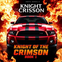 A dynamic movie poster for "Knight Of The Crimson Book 1" by KOTC Series, featuring a 2013 Ford Shelby Mustang GT500 Super Snake in a lustrous wine red color with a single bold black stripe