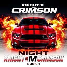 A dynamic movie poster for "Knight Of The Crimson Book 1" by KOTC Series, featuring a 2013 Ford Shelby Mustang GT500 Super Snake in a lustrous wine red color with a single bold black stripe