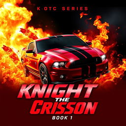 A dynamic movie poster for "Knight Of The Crimson Book 1" by KOTC Series, featuring a 2013 Ford Shelby Mustang GT500 Super Snake in a lustrous wine red color with a single bold black stripe