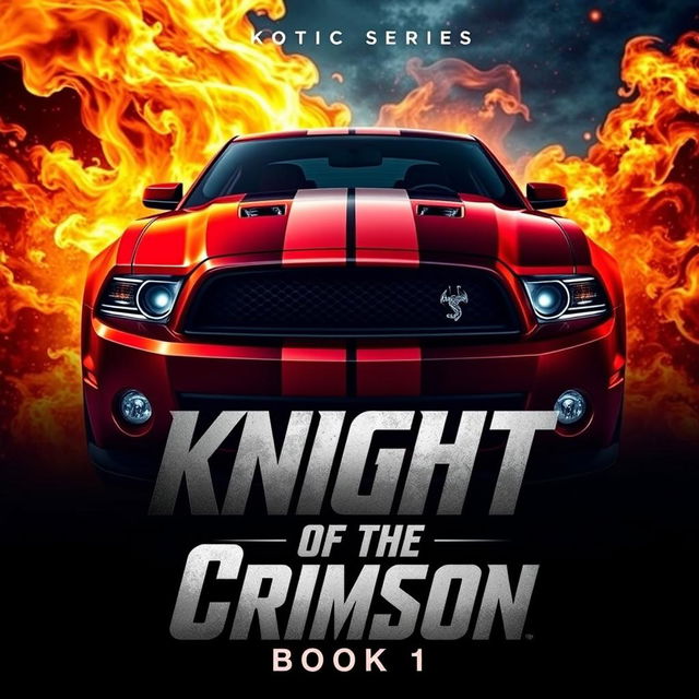 A dynamic movie poster for "Knight Of The Crimson Book 1" by KOTC Series, featuring a 2013 Ford Shelby Mustang GT500 Super Snake in a lustrous wine red color with a single bold black stripe