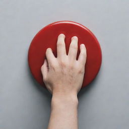 Close-up image of a human hand firmly pressing a large, shiny, red button against a minimalist background.