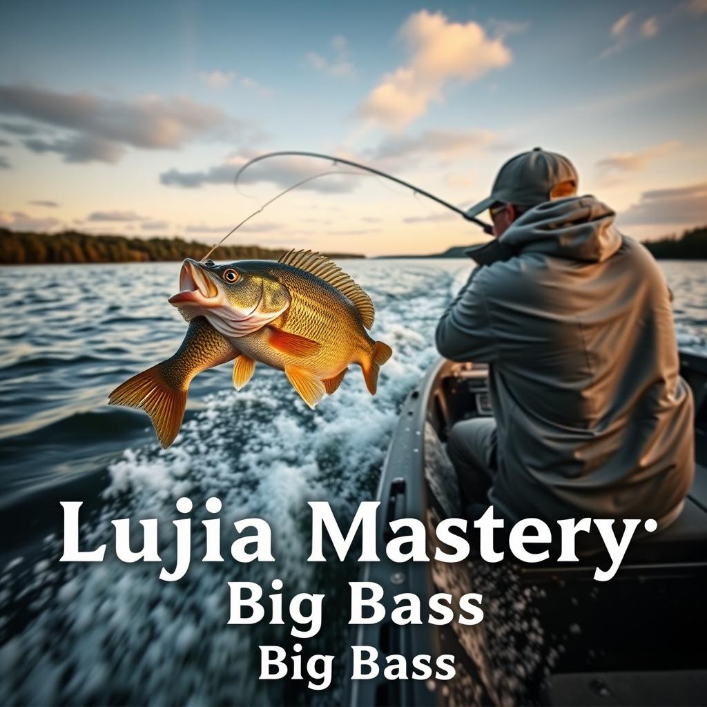 A dynamic medium shot of a fisherman in a gray fishing jersey, capturing the moment he is hooking a large perch from a boat moving dynamically through the water