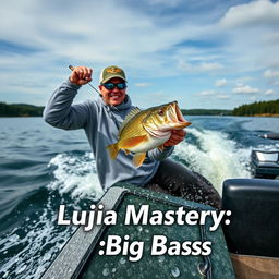 A dynamic medium shot of a fisherman in a gray fishing jersey, capturing the moment he is hooking a large perch from a boat moving dynamically through the water