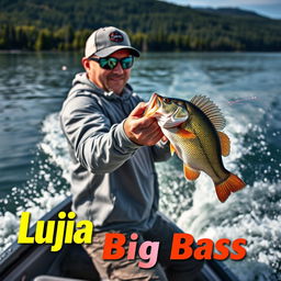 A dynamic medium shot of a fisherman in a gray fishing jersey, capturing the moment he is hooking a large perch from a boat moving dynamically through the water