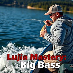 A dynamic medium shot of a fisherman in a gray fishing jersey, capturing the moment he is hooking a large perch from a boat moving dynamically through the water