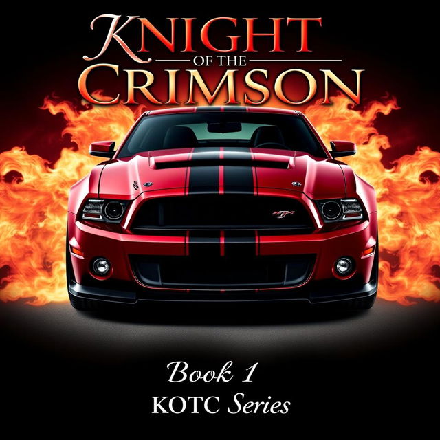 Create a dramatic movie poster featuring a 2013 Ford Shelby Mustang GT500 Super Snake, painted in a sleek wine red with a single bold black stripe running down its center