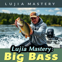 A dynamic medium shot of a fisherman in a gray fishing jersey, capturing the moment he is hooking a large perch from a boat moving dynamically through the water