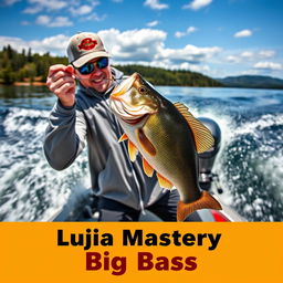 A dynamic medium shot of a fisherman in a gray fishing jersey, capturing the moment he is hooking a large perch from a boat moving dynamically through the water