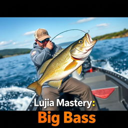 A dynamic medium shot of a fisherman in a gray fishing jersey, capturing the moment he is hooking a large perch from a boat moving dynamically through the water