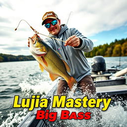 A dynamic medium shot of a fisherman in a gray fishing jersey, capturing the moment he is hooking a large perch from a boat moving dynamically through the water