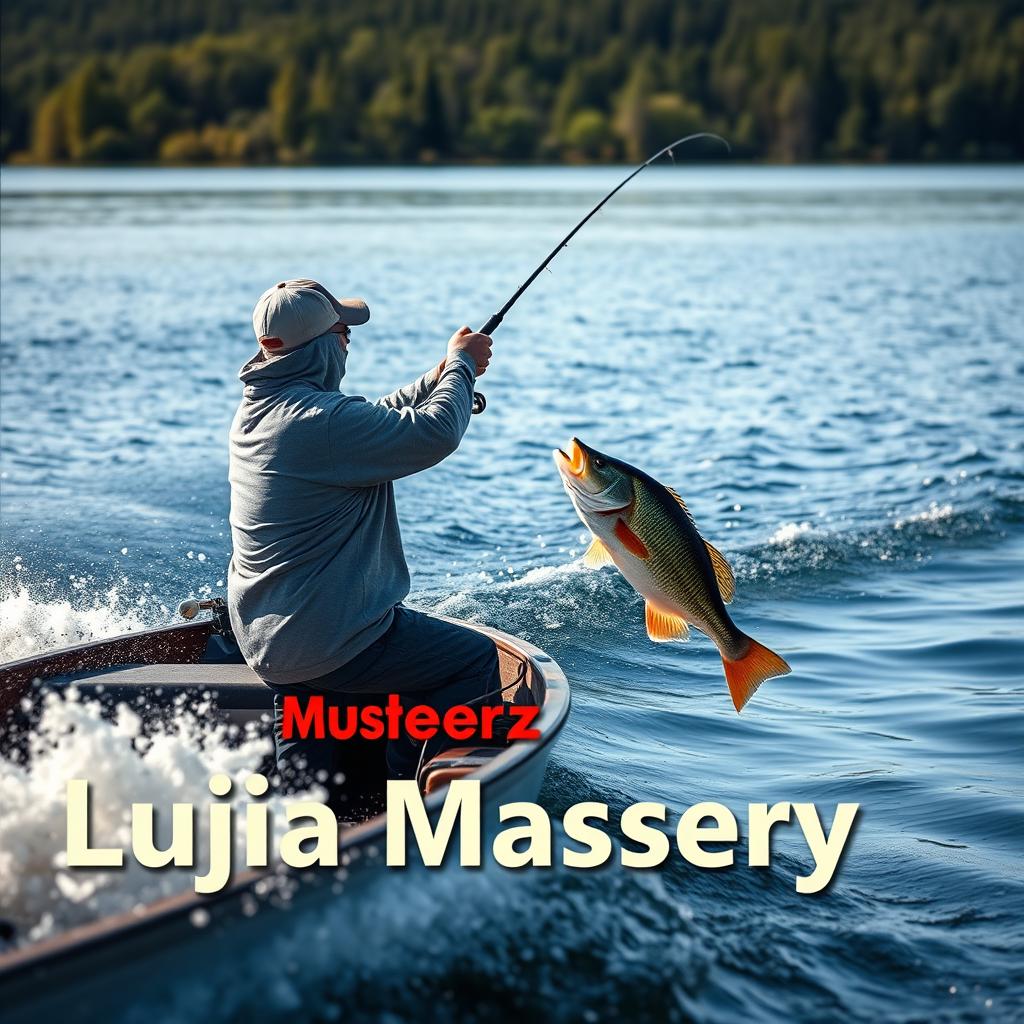 A medium shot capturing a fisherman in a gray fishing jersey skillfully hooking a large perch from a boat moving dynamically across the water