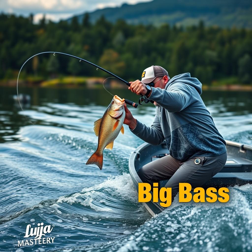 A medium shot capturing a fisherman in a gray fishing jersey skillfully hooking a large perch from a boat moving dynamically across the water