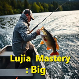 A medium shot capturing a fisherman in a gray fishing jersey skillfully hooking a large perch from a boat moving dynamically across the water