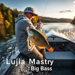 A medium shot capturing a fisherman in a gray fishing jersey skillfully hooking a large perch from a boat moving dynamically across the water