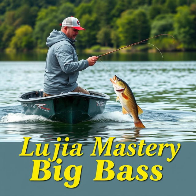 A medium shot featuring a fisherman in a gray fishing jersey expertly hooking a large perch, with his boat cutting dynamically through the water