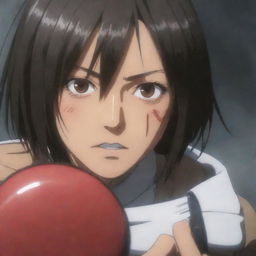 Mikasa Ackerman from Attack on Titan, intense and focused, pressing a big red button with determination.