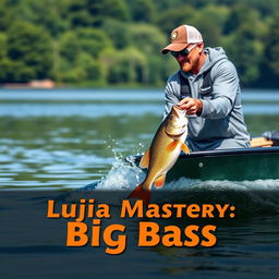 A medium shot featuring a fisherman in a gray fishing jersey expertly hooking a large perch, with his boat cutting dynamically through the water