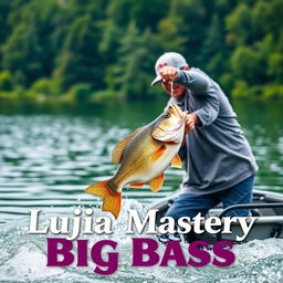 A medium shot featuring a fisherman in a gray fishing jersey expertly hooking a large perch, with his boat cutting dynamically through the water