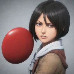 Mikasa Ackerman from Attack on Titan, intense and focused, pressing a big red button with determination.