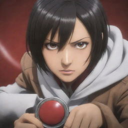 Mikasa Ackerman from Attack on Titan, intense and focused, pressing a big red button with determination.