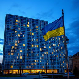 A stunning evening scene featuring a bionic building shaped like the map of Ukraine