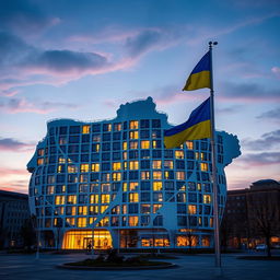 A stunning evening scene featuring a bionic building shaped like the map of Ukraine