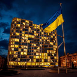 A stunning evening scene featuring a bionic building shaped like the map of Ukraine