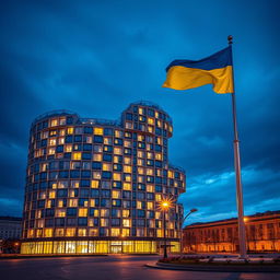 A stunning evening scene featuring a bionic building shaped like the map of Ukraine