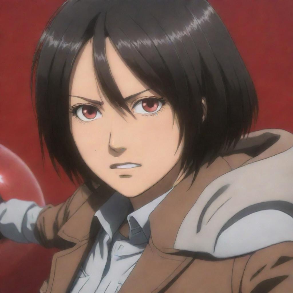 Mikasa Ackerman from Attack on Titan, intense and focused, pressing a big red button with determination.