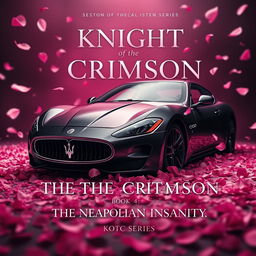 A captivating movie poster featuring a half black, half rose gold pink Maserati Gran Turismo, surrounded by pink petals gently falling around the car