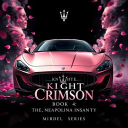 A captivating movie poster featuring a half black, half rose gold pink Maserati Gran Turismo, surrounded by pink petals gently falling around the car