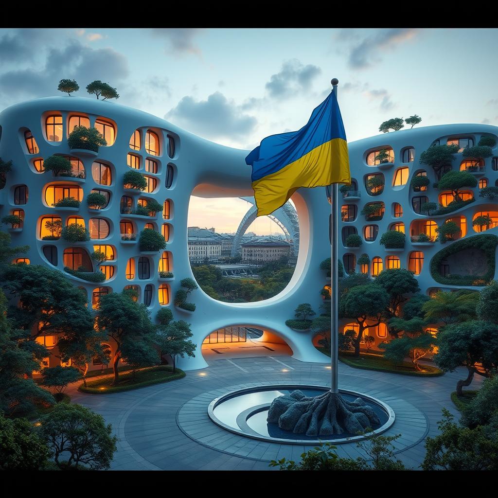 A visually captivating scene of a futuristic, bionic building featuring a niche passage in the shape of Ukraine