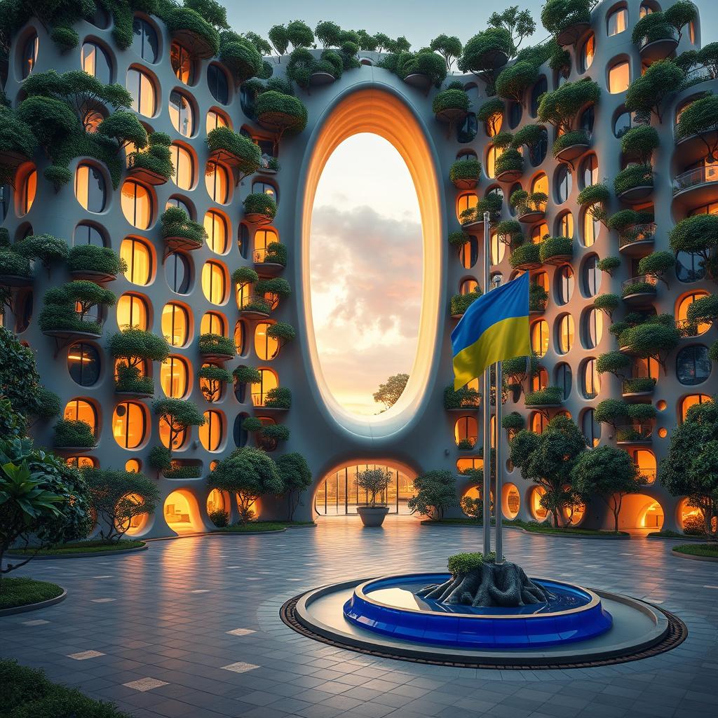 A visually captivating scene of a futuristic, bionic building featuring a niche passage in the shape of Ukraine