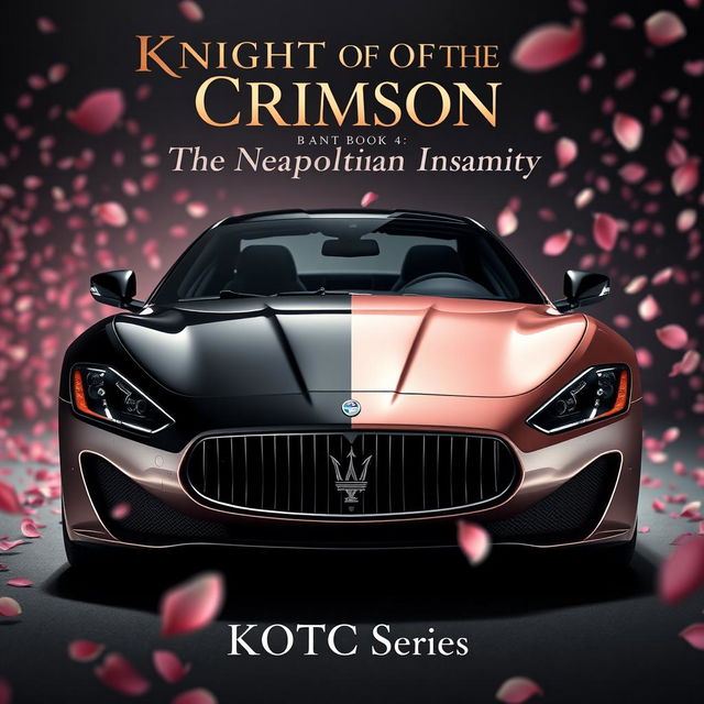 A cinematic movie poster featuring a Maserati Gran Turismo with a unique finish: the car is split halfway, with one half in sleek black and the other in a luxurious rose gold pink