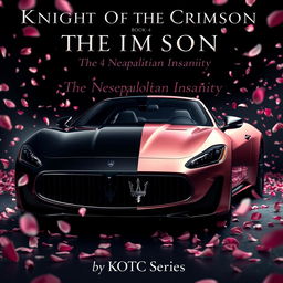 A cinematic movie poster featuring a Maserati Gran Turismo with a unique finish: the car is split halfway, with one half in sleek black and the other in a luxurious rose gold pink