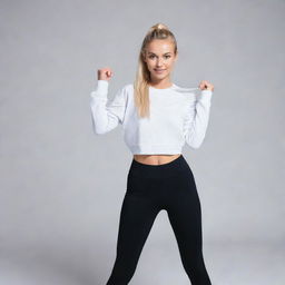 A young athletic blonde girl dressed in stylish sportswear, full of energy and ready for workout.