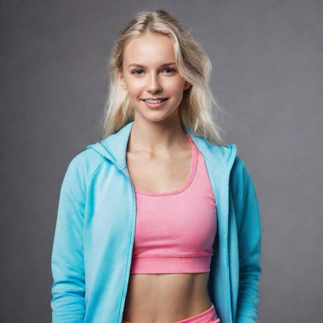 A young athletic blonde girl dressed in stylish sportswear, full of energy and ready for workout.