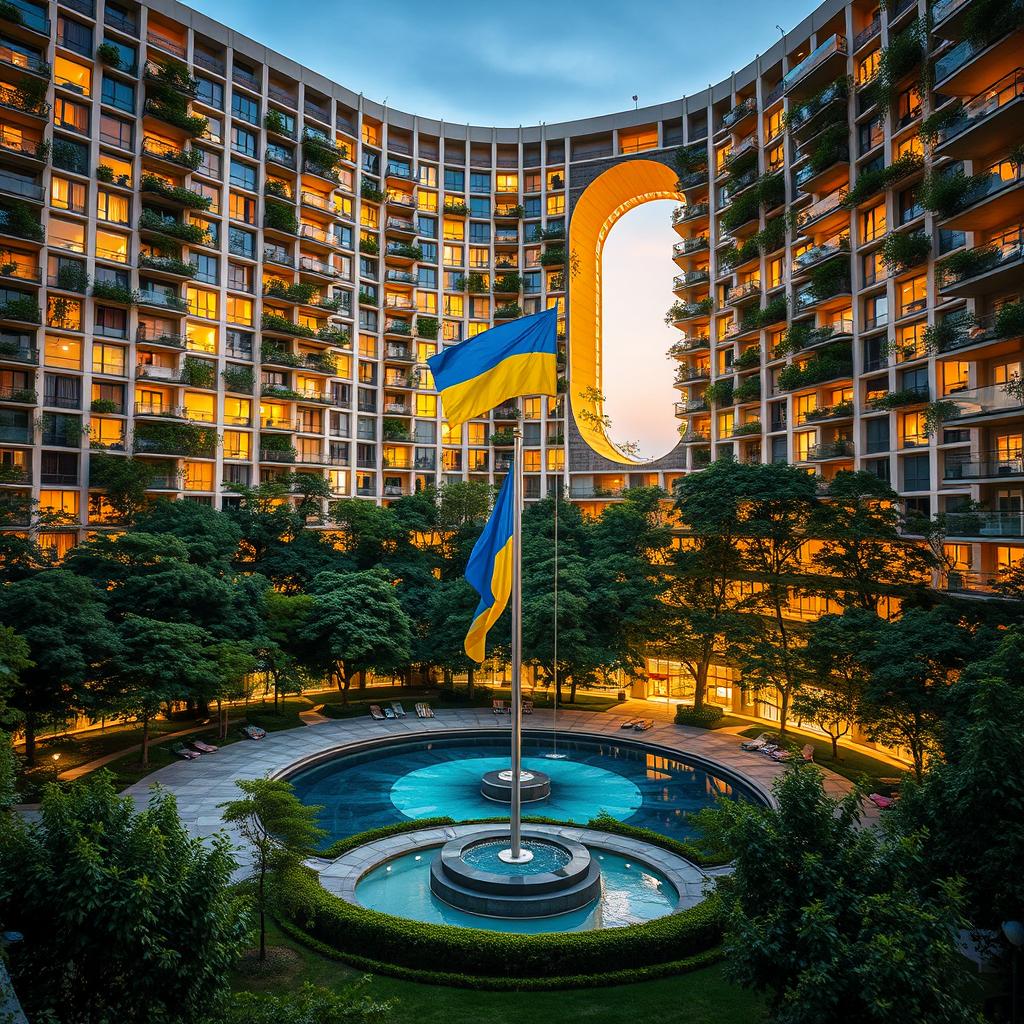 A captivating evening scene of a bionic building featuring a unique niche passage resembling the silhouette of Ukraine