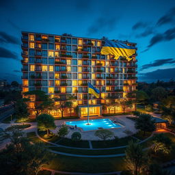 A captivating evening scene of a bionic building featuring a unique niche passage resembling the silhouette of Ukraine