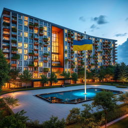 A captivating evening scene of a bionic building featuring a unique niche passage resembling the silhouette of Ukraine